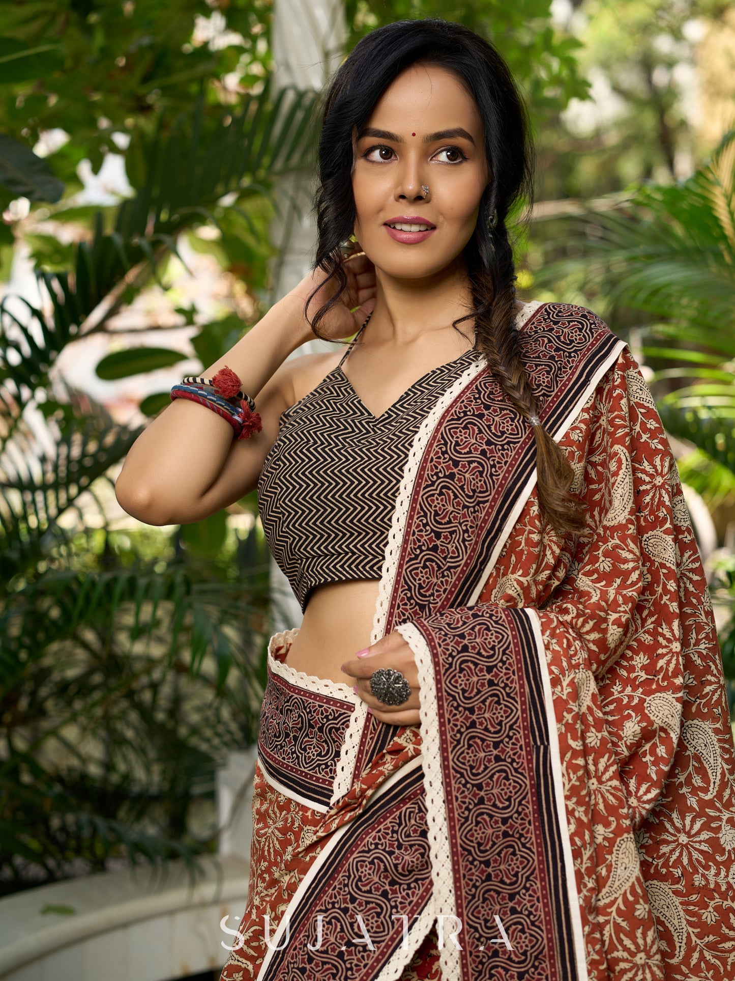 Earthy block-printed cotton saree with paisley charm and rustic elegance