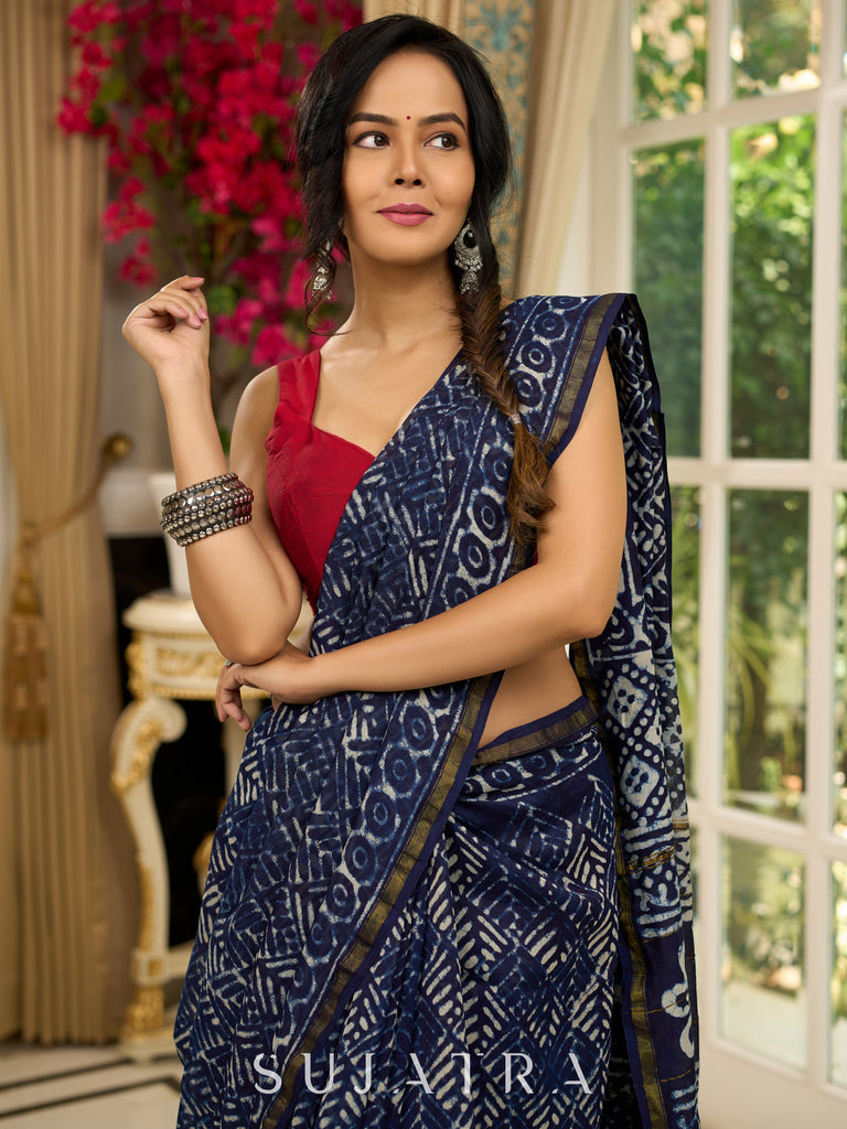 Elegant Indigo pure chanderi saree with geometric hand block prints & zari border