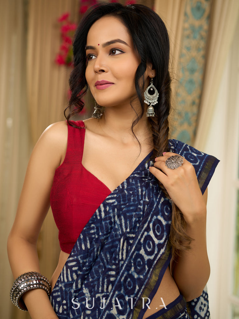 Elegant Indigo pure chanderi saree with geometric hand block prints & zari border