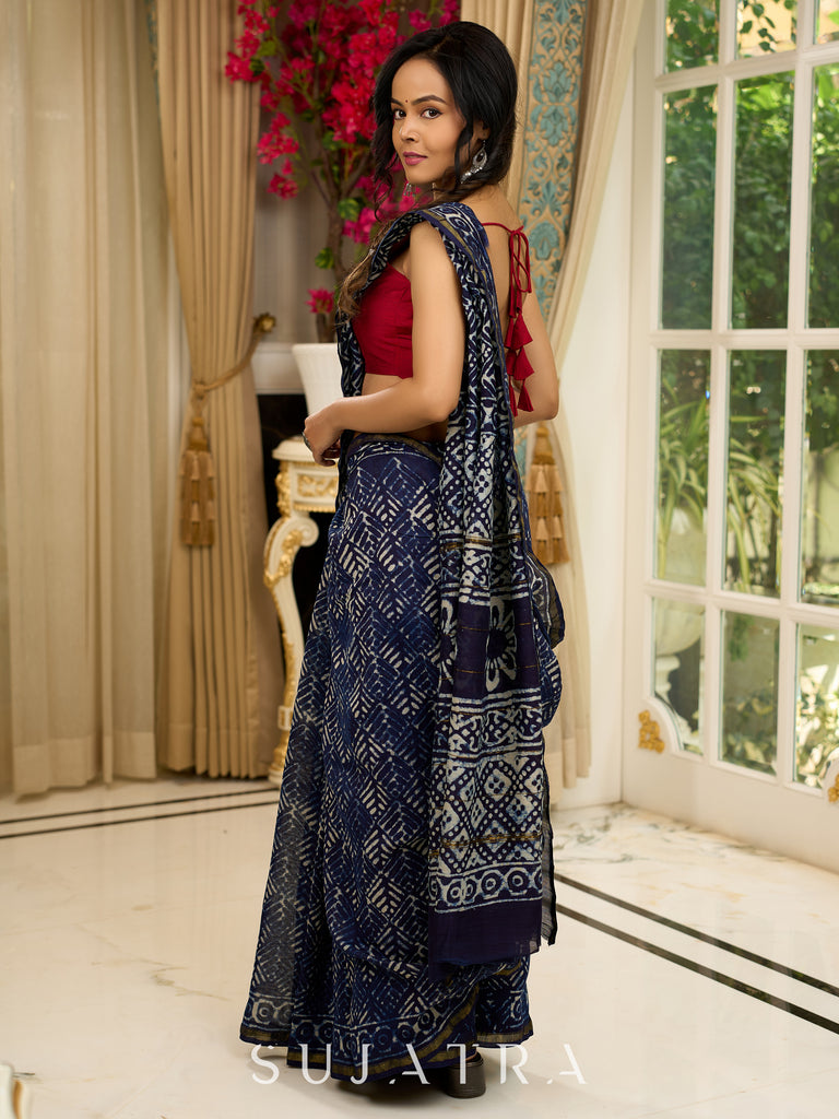 Elegant Indigo pure chanderi saree with geometric hand block prints & zari border