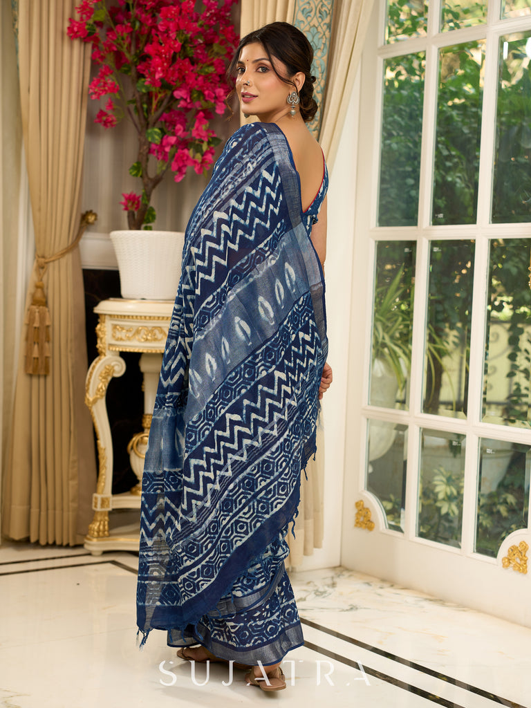 Exclusive linen mix saree in indigo hues with bold abstract block prints