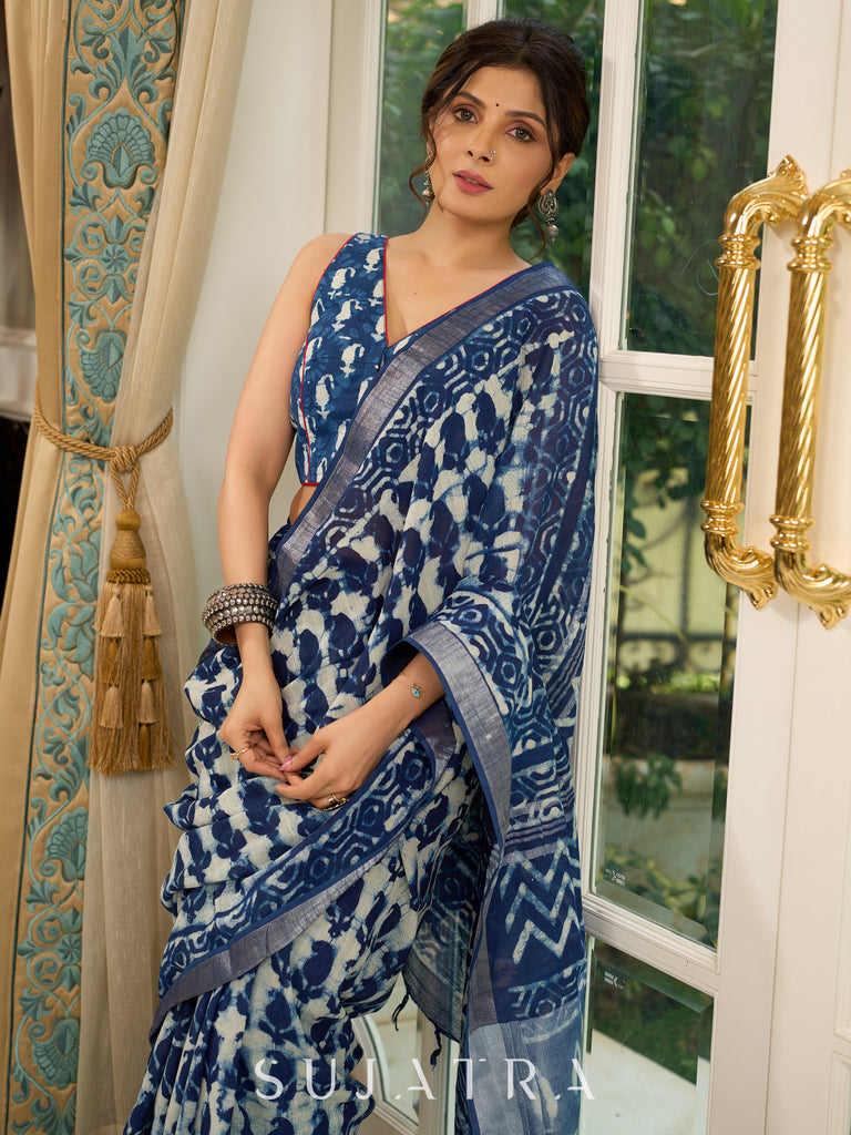 Exclusive linen mix saree in indigo hues with bold abstract block prints