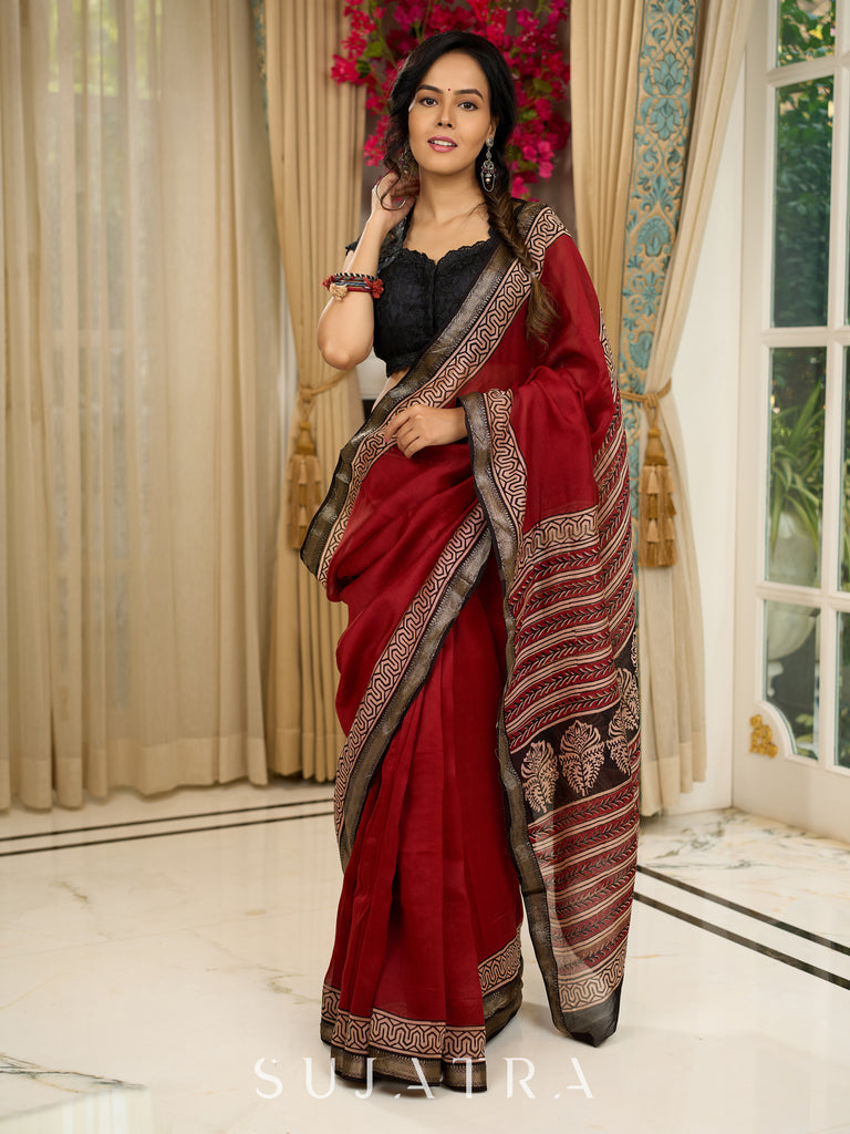 Maheshwari saree in deep crimson with antique block printed pallu & Zari border