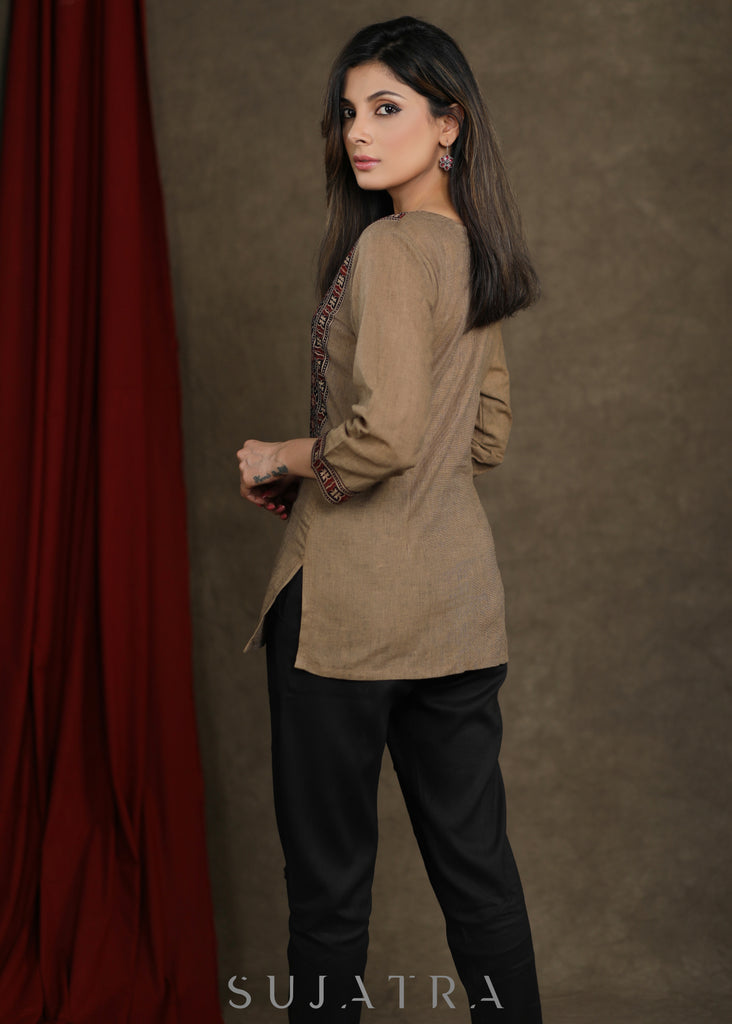 Beige Cotton Top with Ajrakh Combination