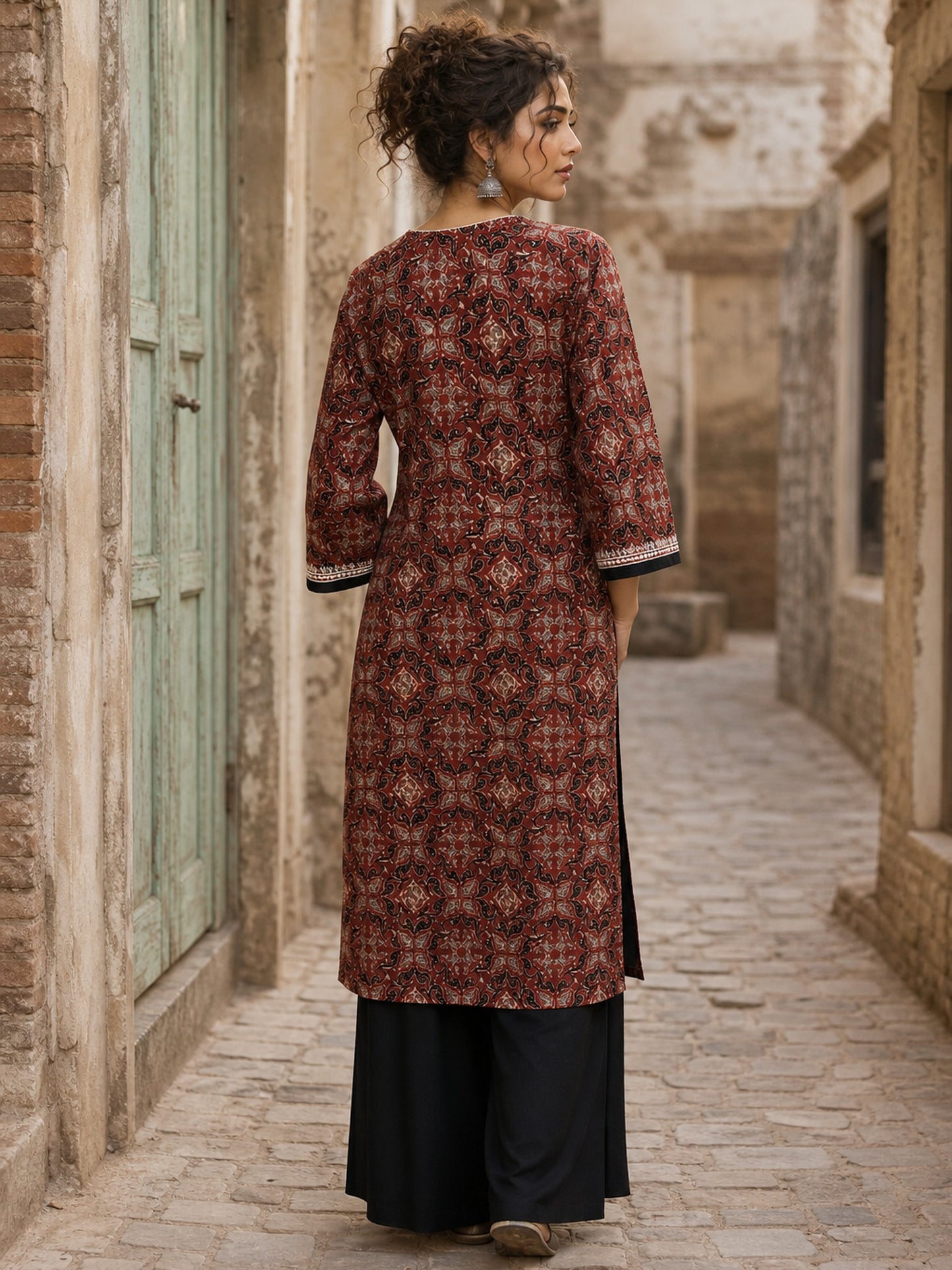 Elegant Maroon Ajrakh Print Kurta with White Embroidery