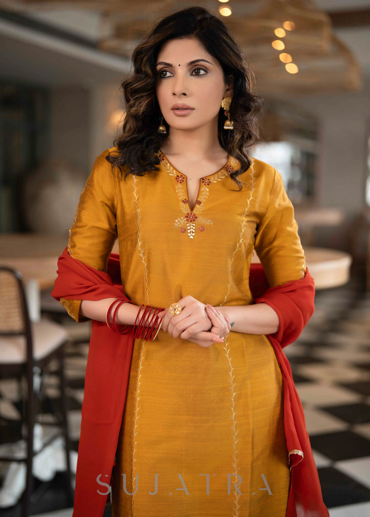 Elegant Mustard Cotton Silk Pant & Kurta With Gold Rust Embroidered Detailing - Dupatta Optional