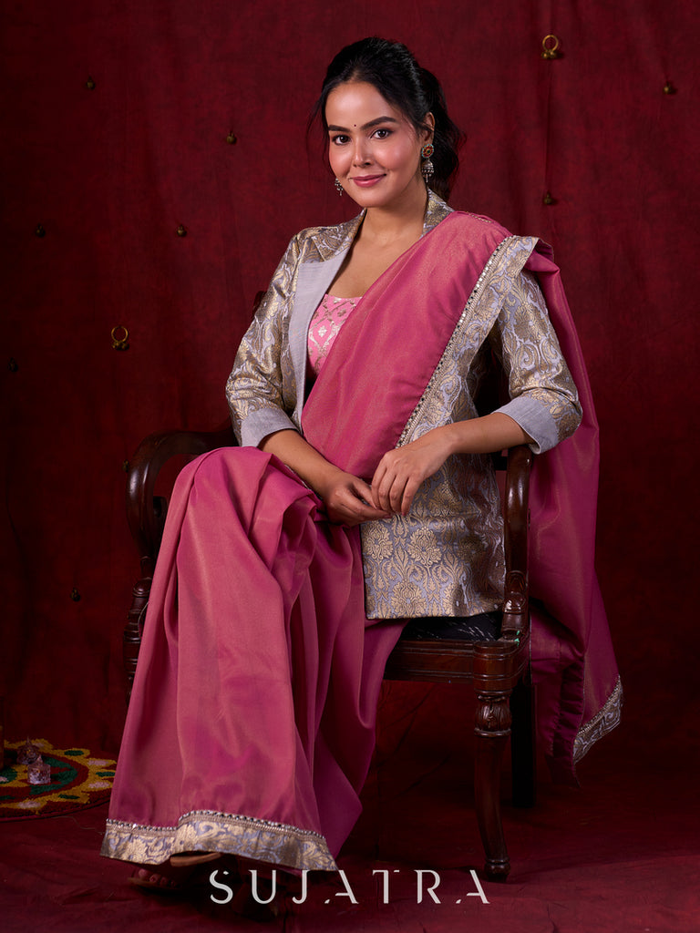 Blush Pink Tissue Saree with Grey Brocade Border & Mirror Lace Detailing