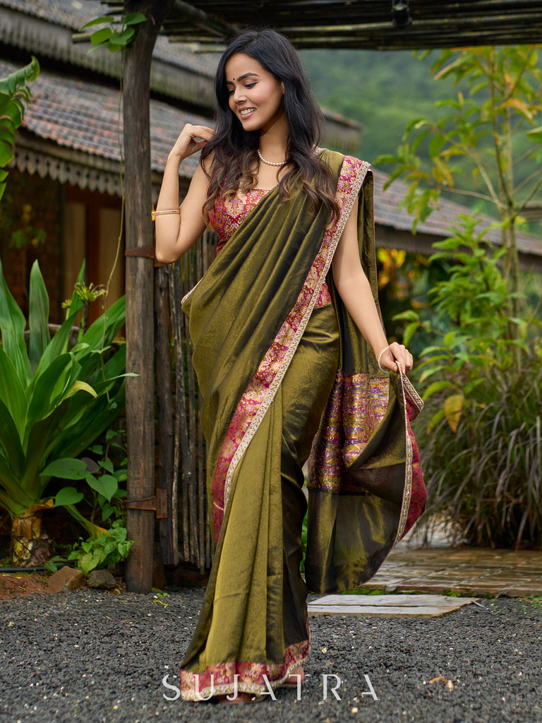 Regal olive tissue saree enhanced by intricate Banarasi brocade border