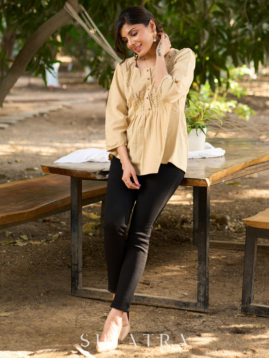 Blooming Beige Cotton Slub Top with Exquisite Hand Embroidered Yoke, Sleeves & Intricate Button Embellishments