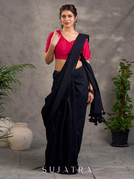 Sleek Black Cotton Saree with Minimal Embellishment