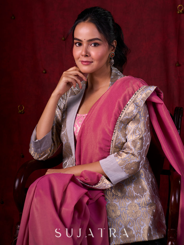 Blush Pink Tissue Saree with Grey Brocade Border & Mirror Lace Detailing
