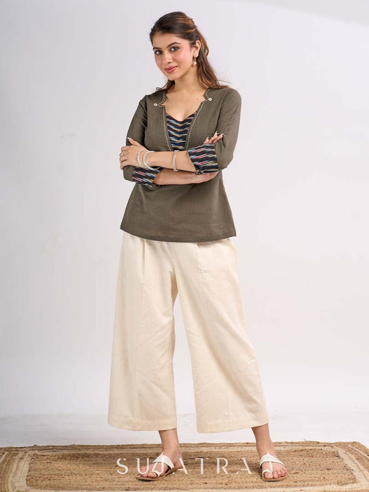 Grey Cotton Contemporary Top with Ikat Yoke, Cuffs and Kantha Stitch Detail
