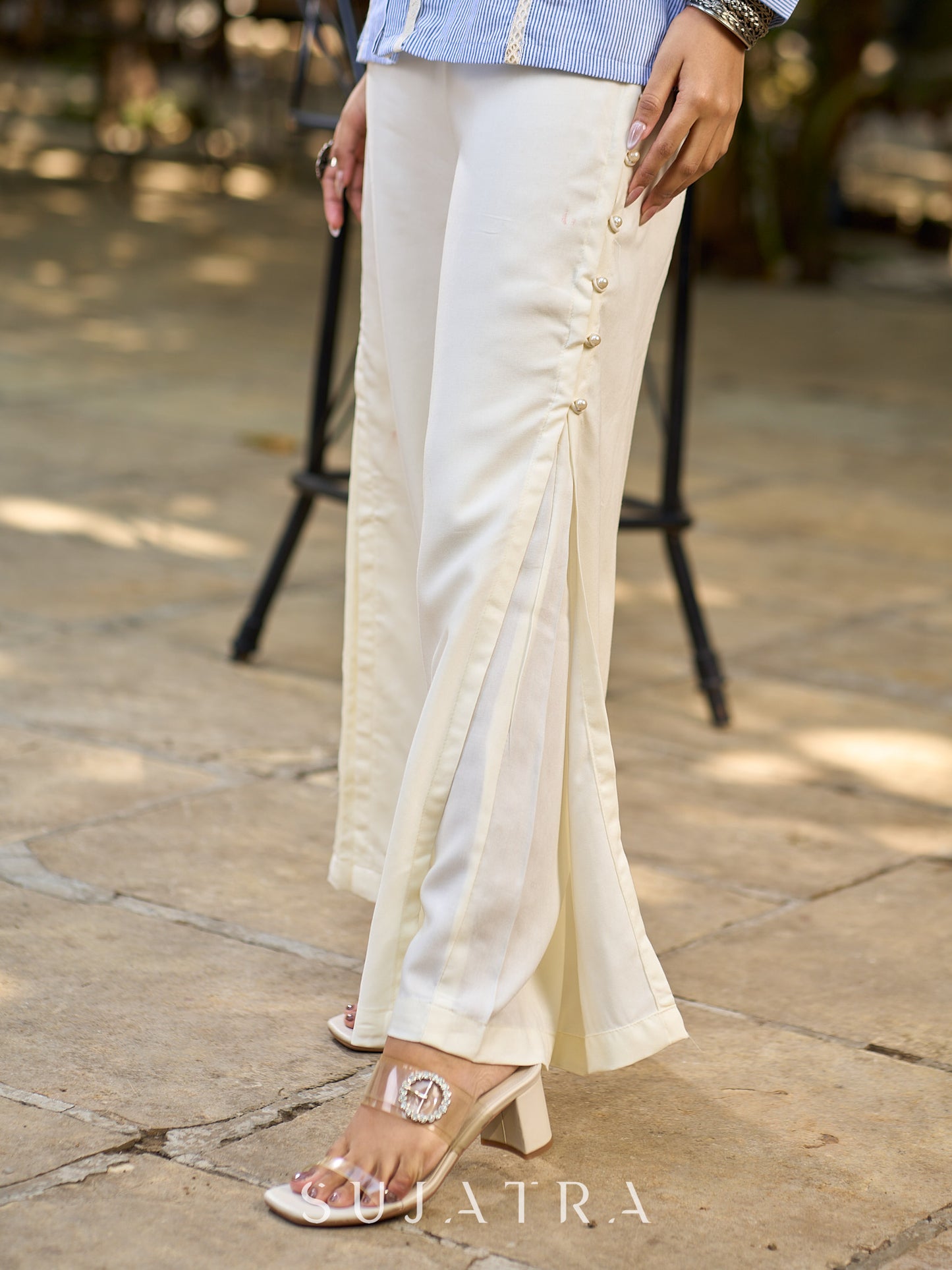 Ivory Rayon Double-Layered Flared Pant With Pearl Detailing
