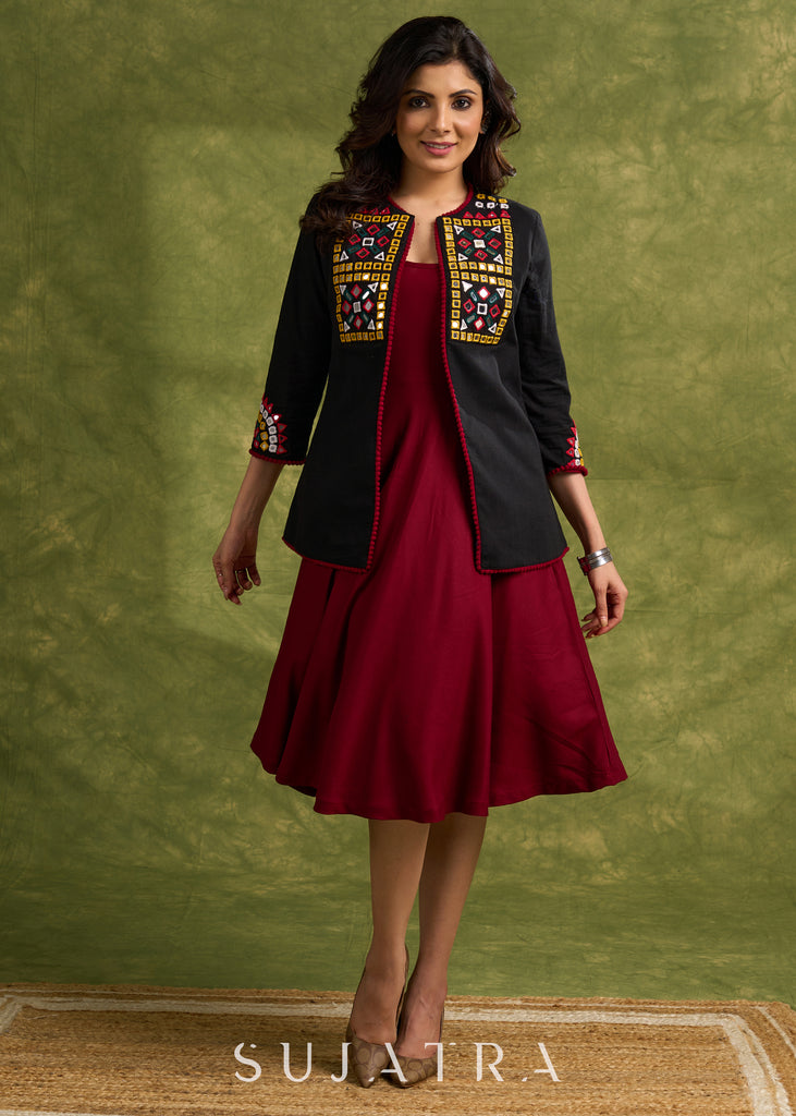 Hand Embroidered Black Cotton Kutch Jacket Featuring Traditional Mirror Work