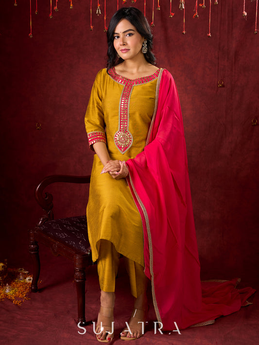 Vibrant Mustard Cotton-Silk Kurta with Pink Highlights & Subtle Gota Patti Work