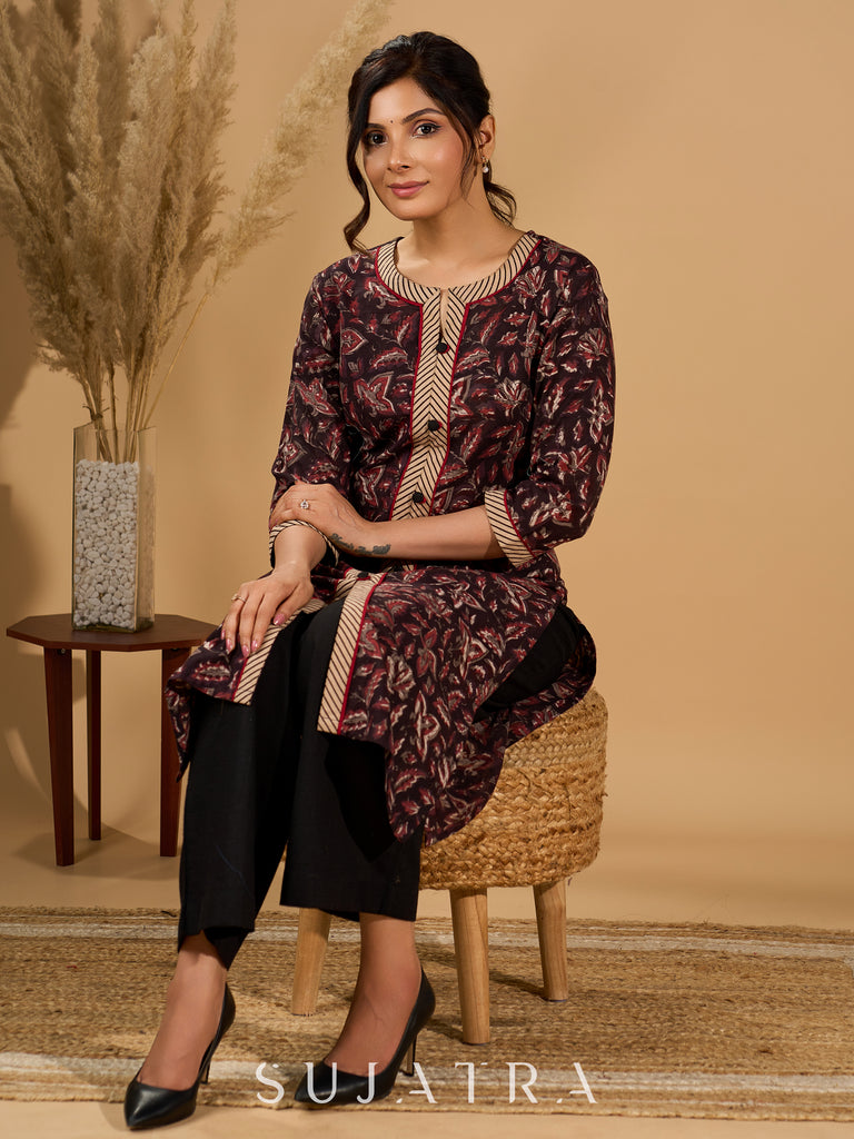 Noir Flora Mul Cotton Kurta with Contrasting Ajrakh Details