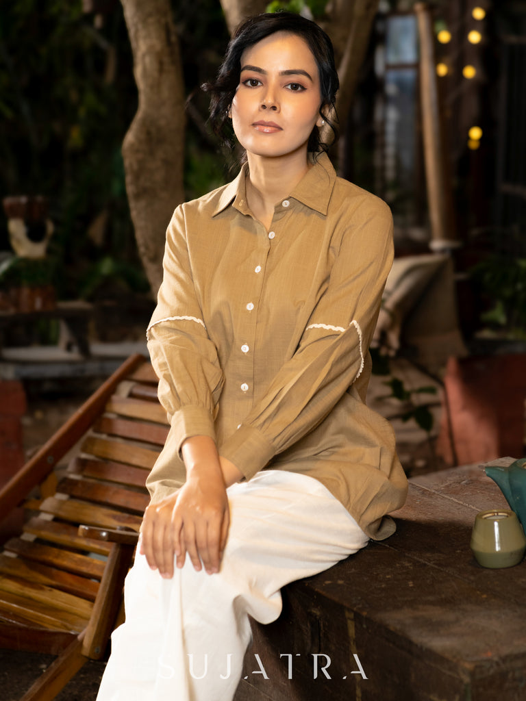 Soft Sand Cotton Shirt with Graceful Crochet Lace Accents