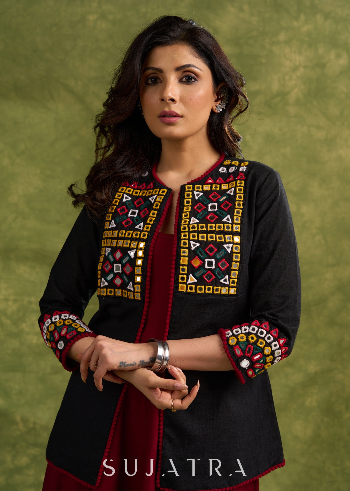 Hand Embroidered Black Cotton Kutch Jacket Featuring Traditional Mirror Work - Dress optional