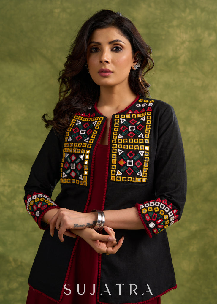 Hand Embroidered Black Cotton Kutch Jacket Featuring Traditional Mirror Work