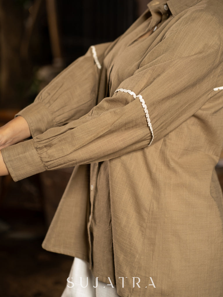 Soft Sand Cotton Shirt with Graceful Crochet Lace Accents
