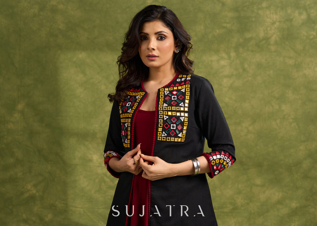 Hand Embroidered Black Cotton Kutch Jacket Featuring Traditional Mirror Work