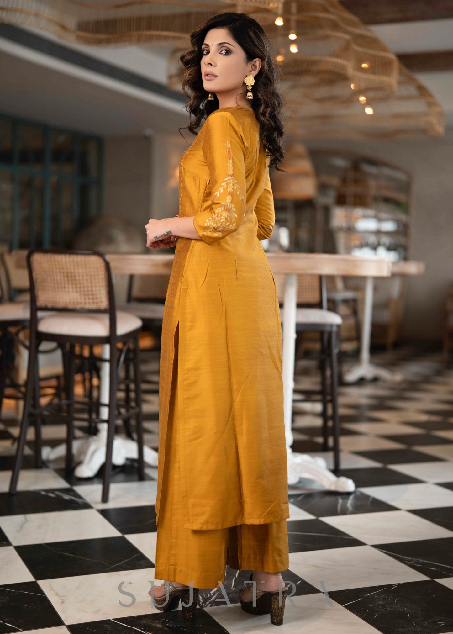 Elegant Mustard Cotton Silk Kurta With Gold Rust Embroidered Detailing