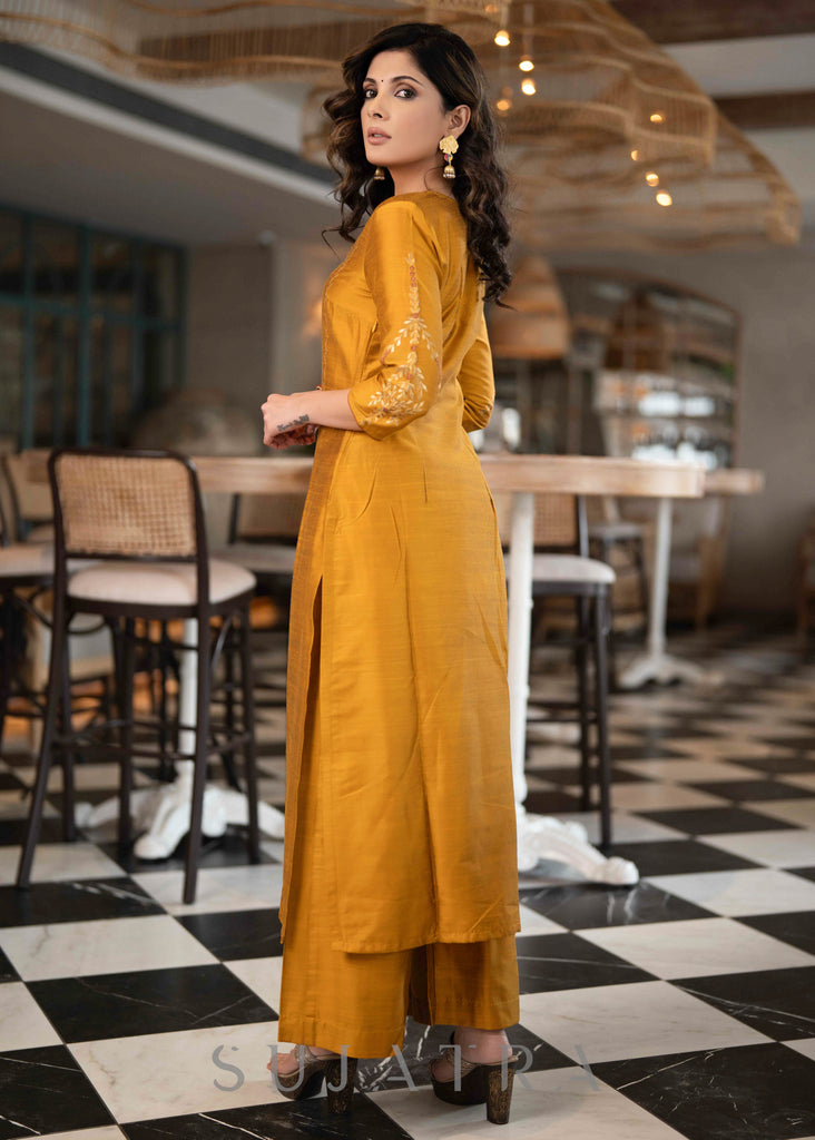 Elegant Mustard Cotton Silk Pant & Kurta With Gold Rust Embroidered Detailing - Dupatta Optional