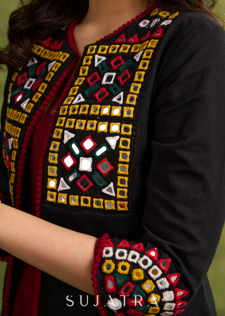 Hand Embroidered Black Cotton Kutch Jacket Featuring Traditional Mirror Work