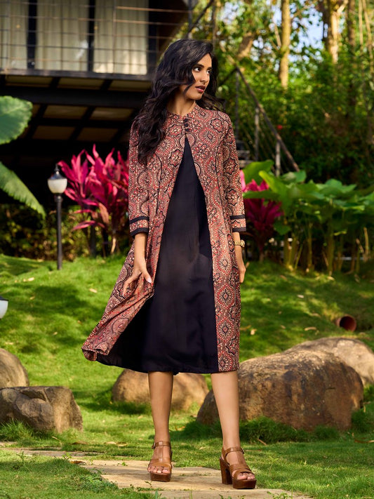Graceful Black Rayon A-Line Dress with Handcrafted Ajrakh Attached Jacket and Mandarin Collar