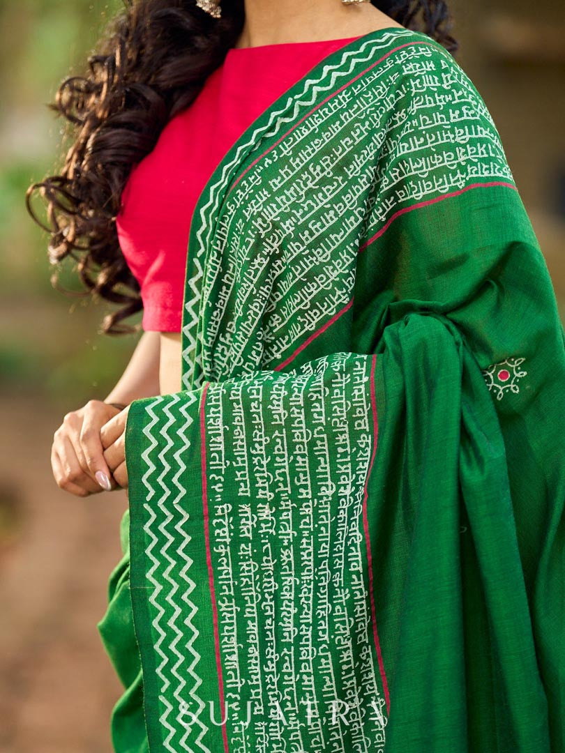 Refined Green Cotton Saree with Hand Block Printed Slogan Border & Contrasting Pink Accents