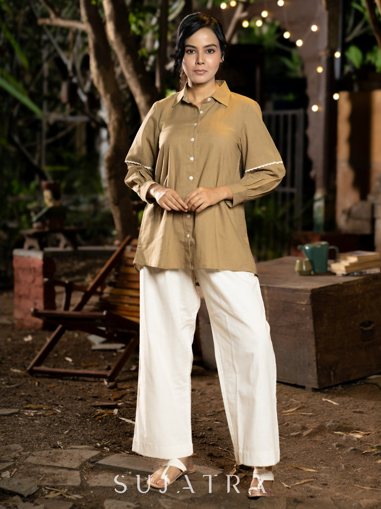 Soft Sand Cotton Shirt with Graceful Crochet Lace Accents