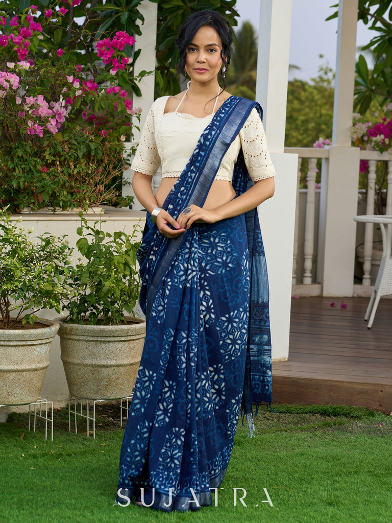 Indigo block-printed elegance on Linen saree, with breezy charm and heritage soul