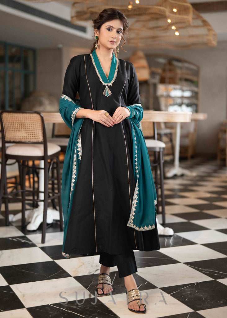 Beautiful Black Cotton Silk pant & A Line Kurta With Turquoise Detailing & Brooch  - Dupatta Optional