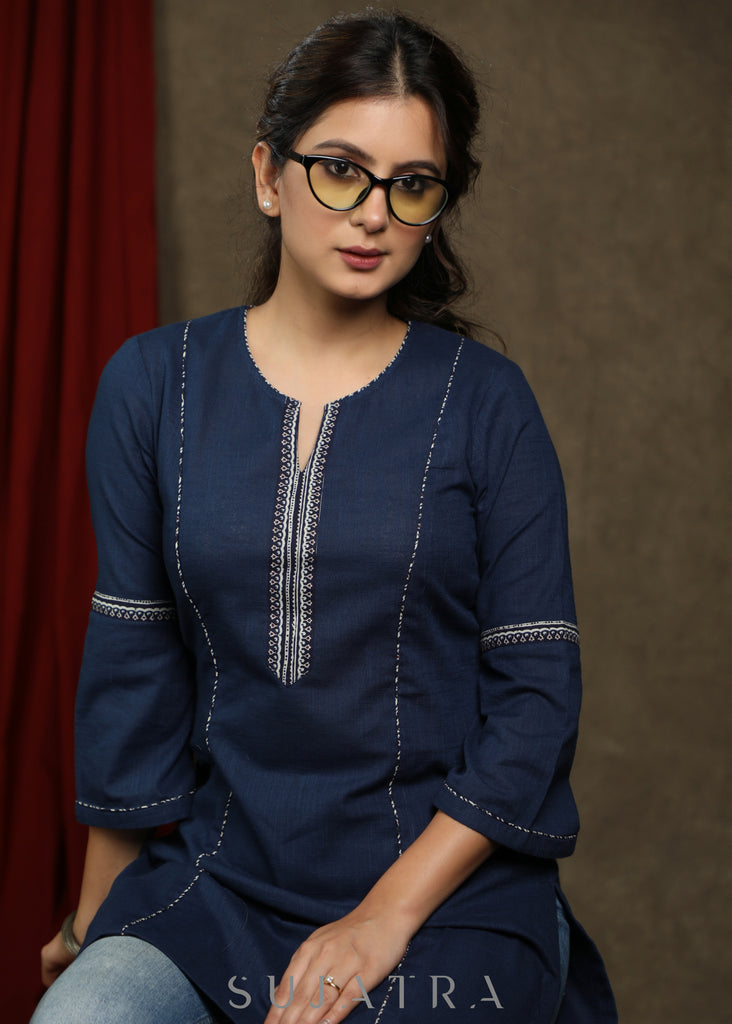 Exclusive navy blue cotton tunic highlighted with beautiful borders