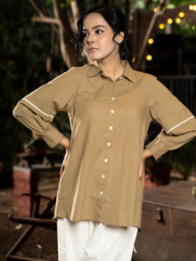 Soft Sand Cotton Shirt with Graceful Crochet Lace Accents