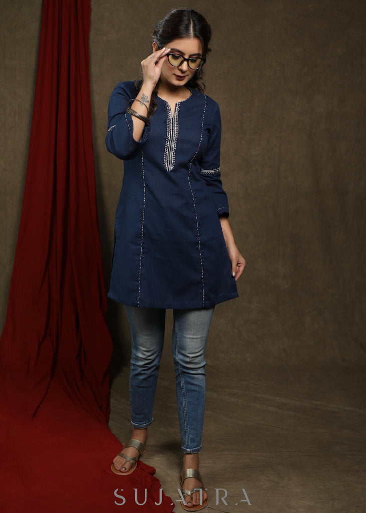 Exclusive navy blue cotton tunic highlighted with beautiful borders