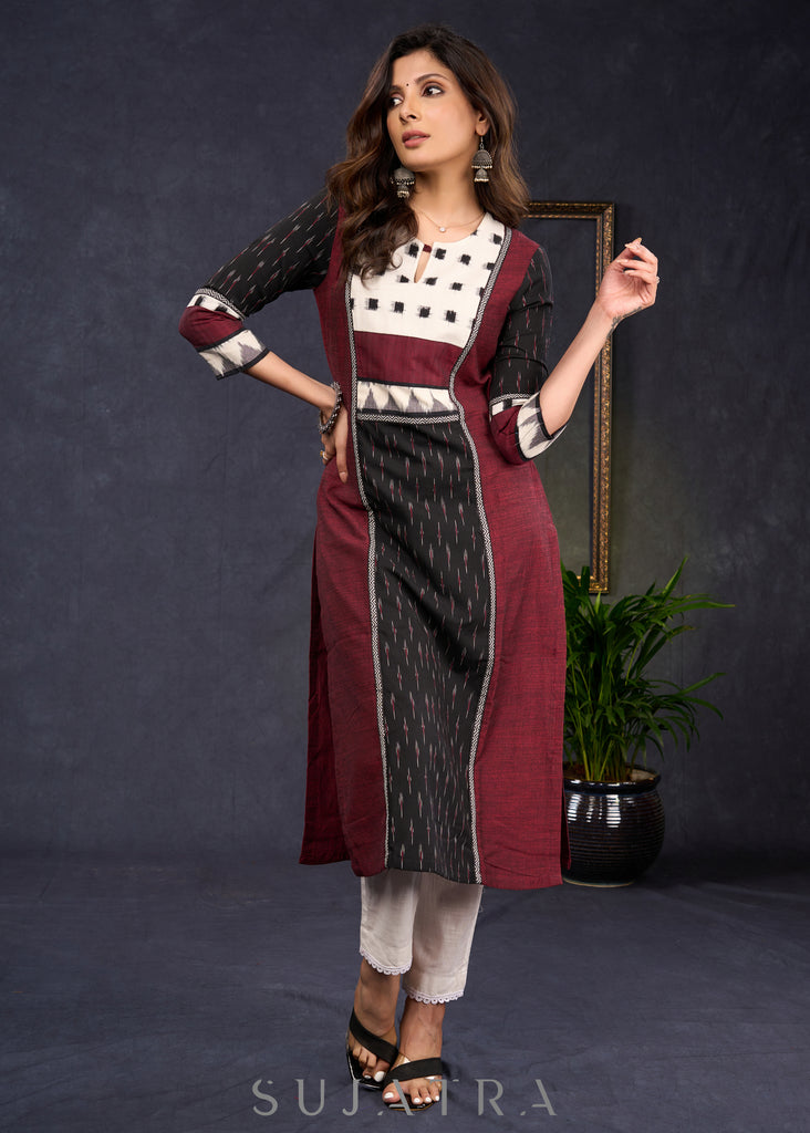 Trendy Black & Maroon Cotton Ikat Combination Kurta - PantOptional