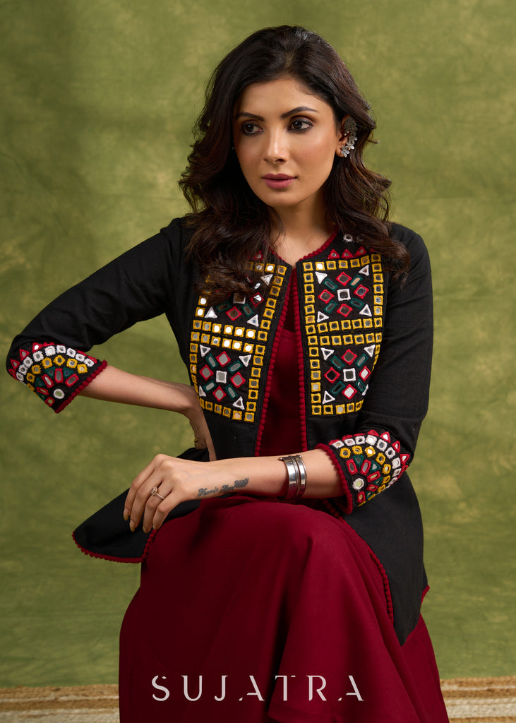 Hand Embroidered Black Cotton Kutch Jacket Featuring Traditional Mirror Work