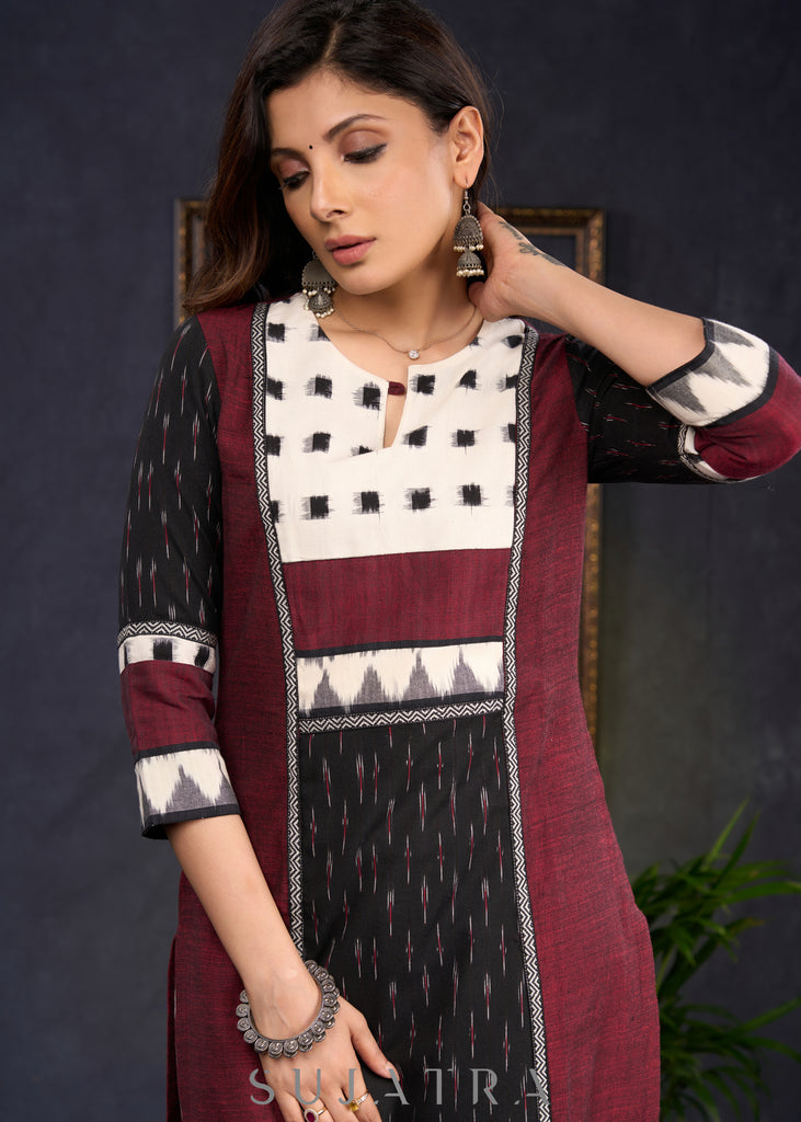 Trendy Black & Maroon Cotton Ikat Combination Kurta - PantOptional