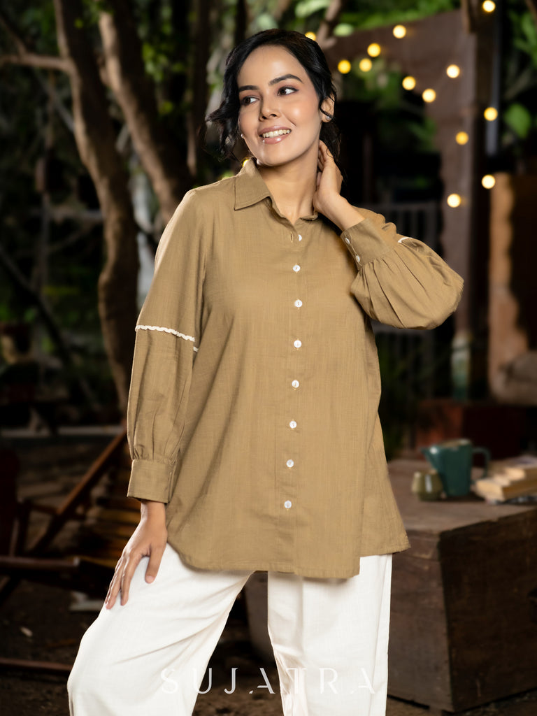 Soft Sand Cotton Shirt with Graceful Crochet Lace Accents