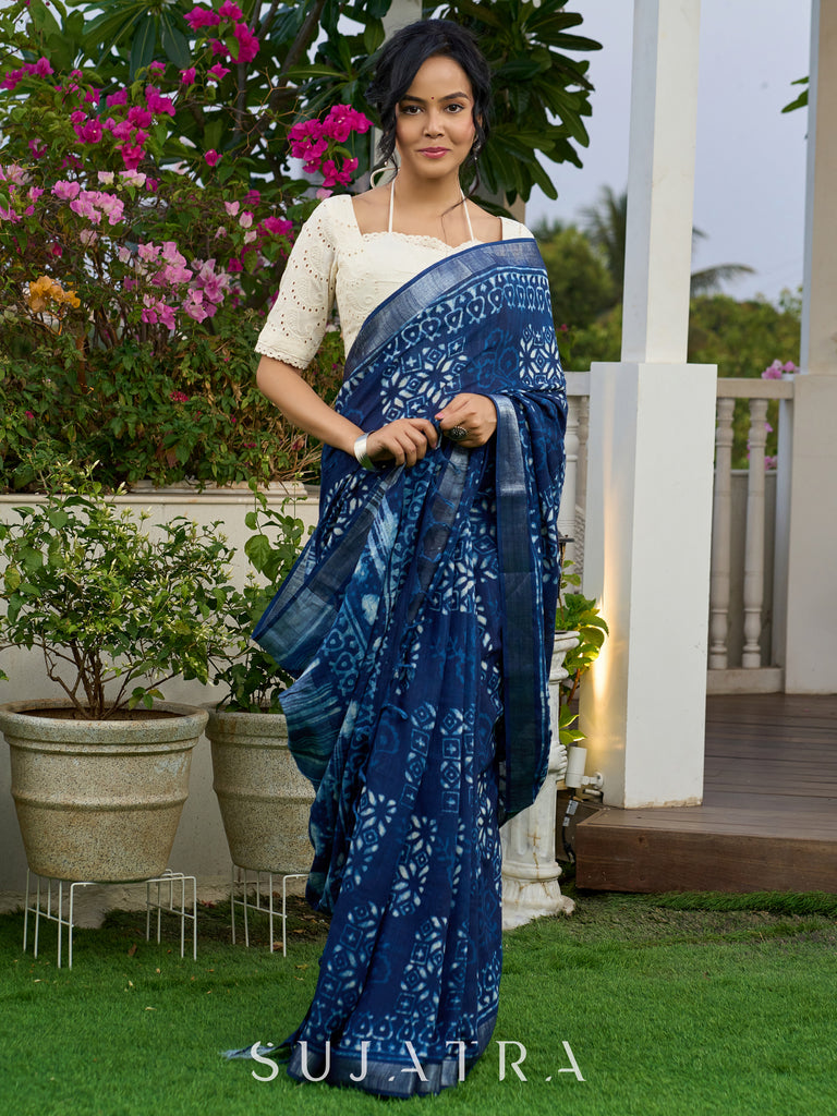 Indigo block-printed elegance on Linen saree, with breezy charm and heritage soul