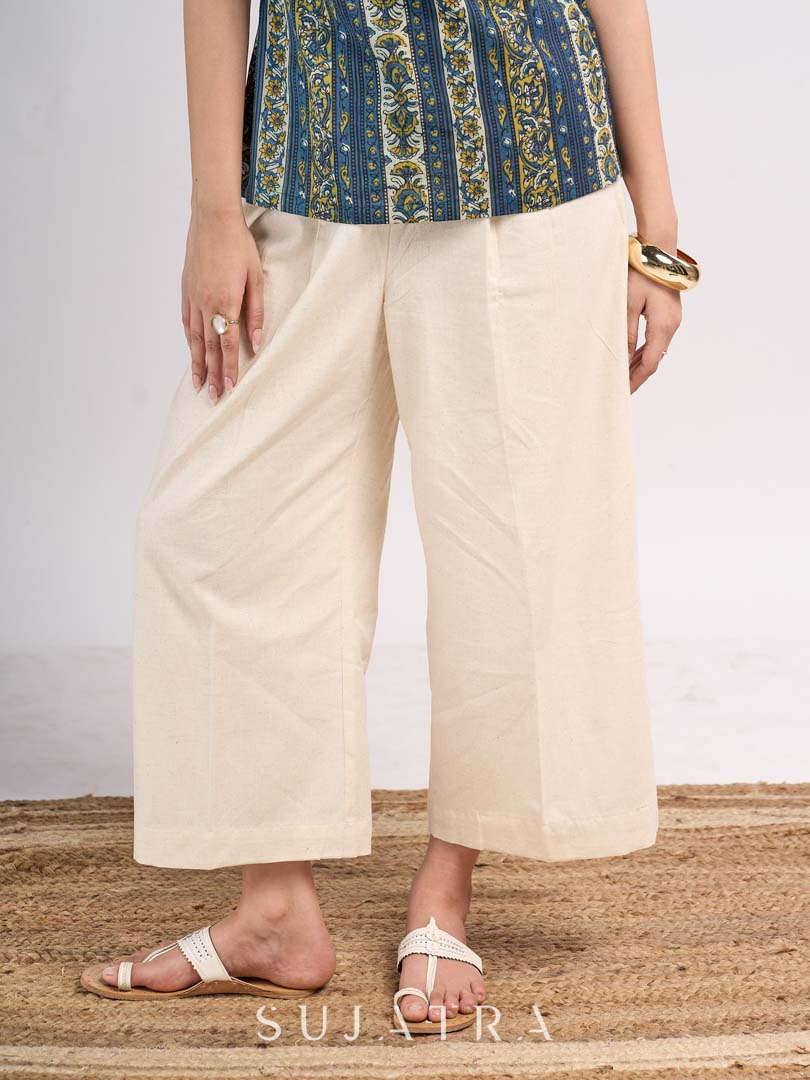 Off White Cotton Flex Front Pleated Pant
