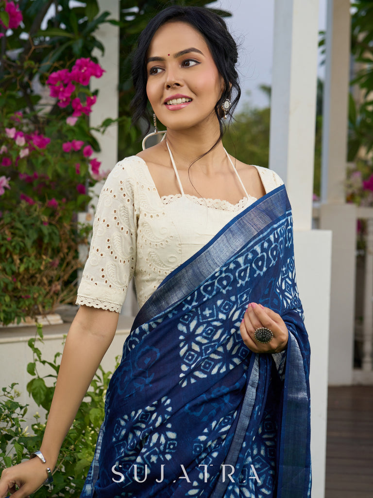 Indigo block-printed elegance on Linen saree, with breezy charm and heritage soul