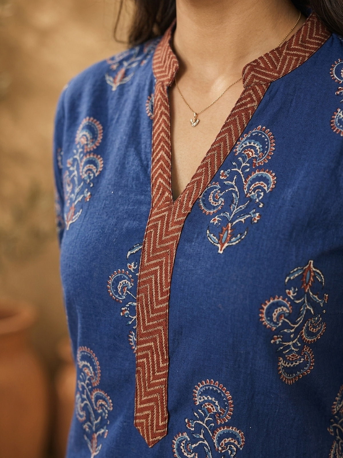 Navy Blue Ajrakh Printed Cotton Kurta with Floral Motifs and Contrast Collar
