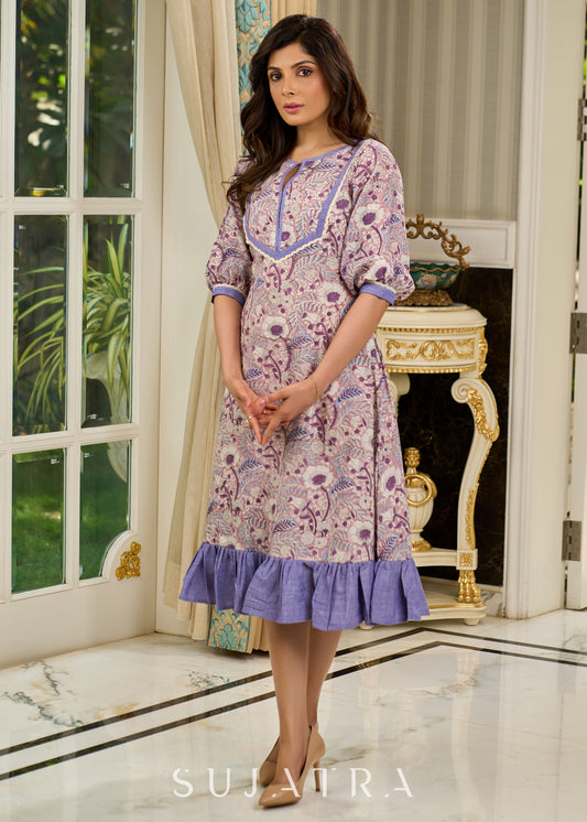 Lively Lavender Floral Printed Cotton Dress with Deep Purple Gathered Flare
