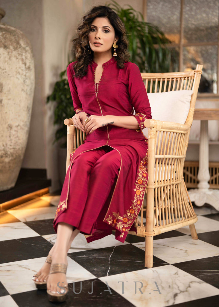 Beautiful Magenta Cotton Silk Pant &Kurta With Embroidery On Sides & Sleeves - Dupatta Optional