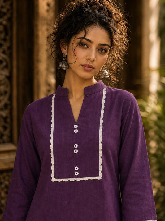 Deep Purple Kurta with White Crochet Lace Yoke Border & Sleeve Cuff Detail