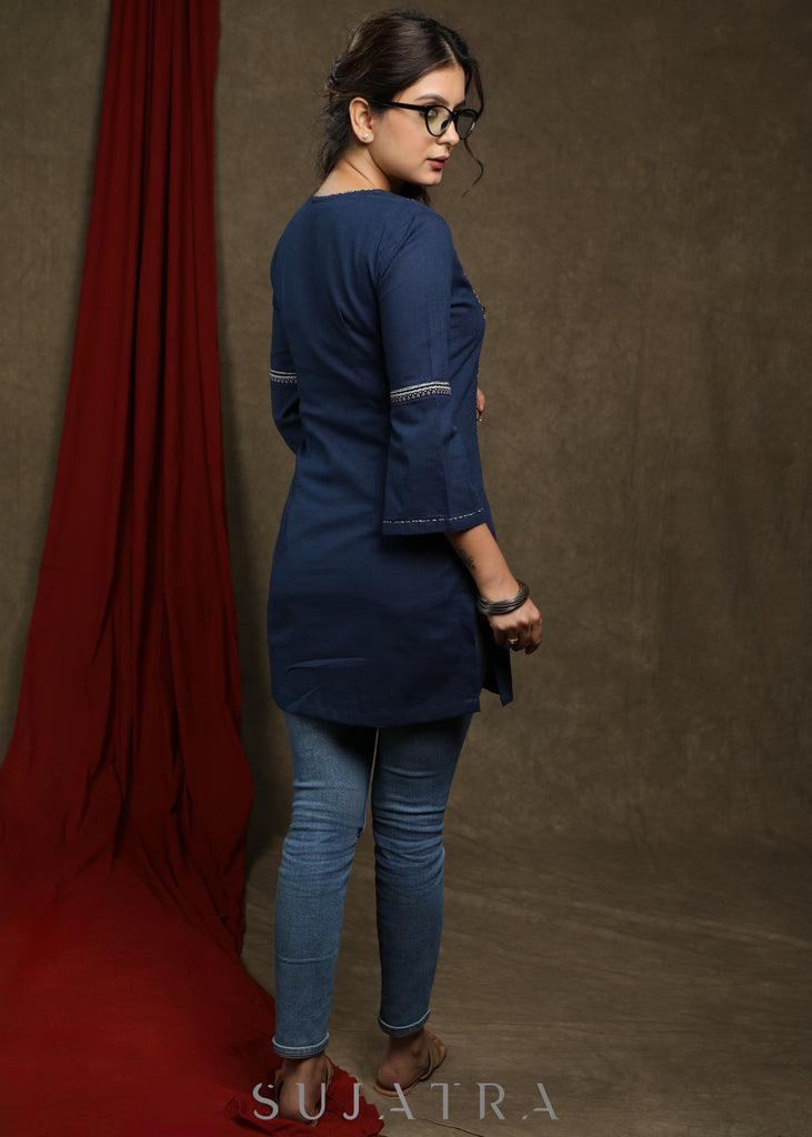Exclusive navy blue cotton tunic highlighted with beautiful borders