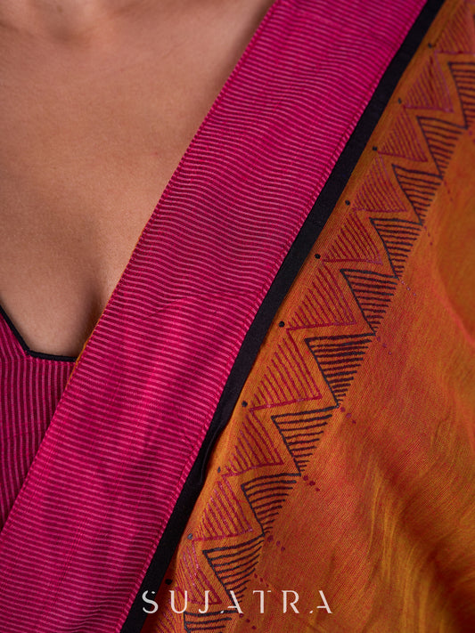 Autumn Rust Mul Cotton Saree with Pink Striped Border, Delicate Black Detailing & Tassel Highlights