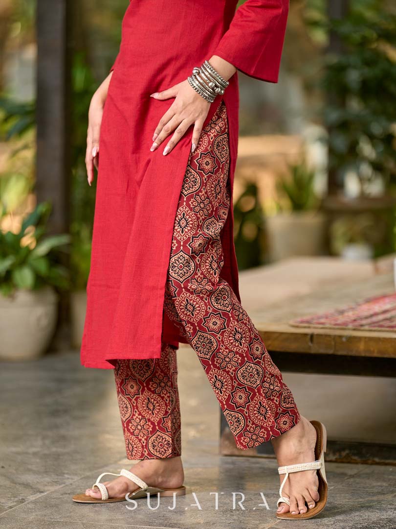 Striking Maroon Cotton Kurta with Asymmetrical Pleated Neckline